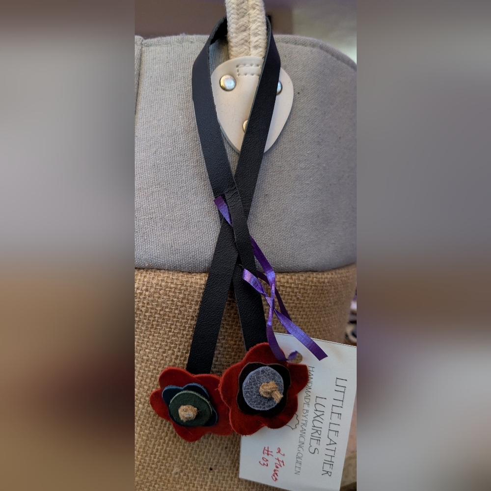 Handmade 2D Flower Genuine Leather Bag Charm Black Strap #03